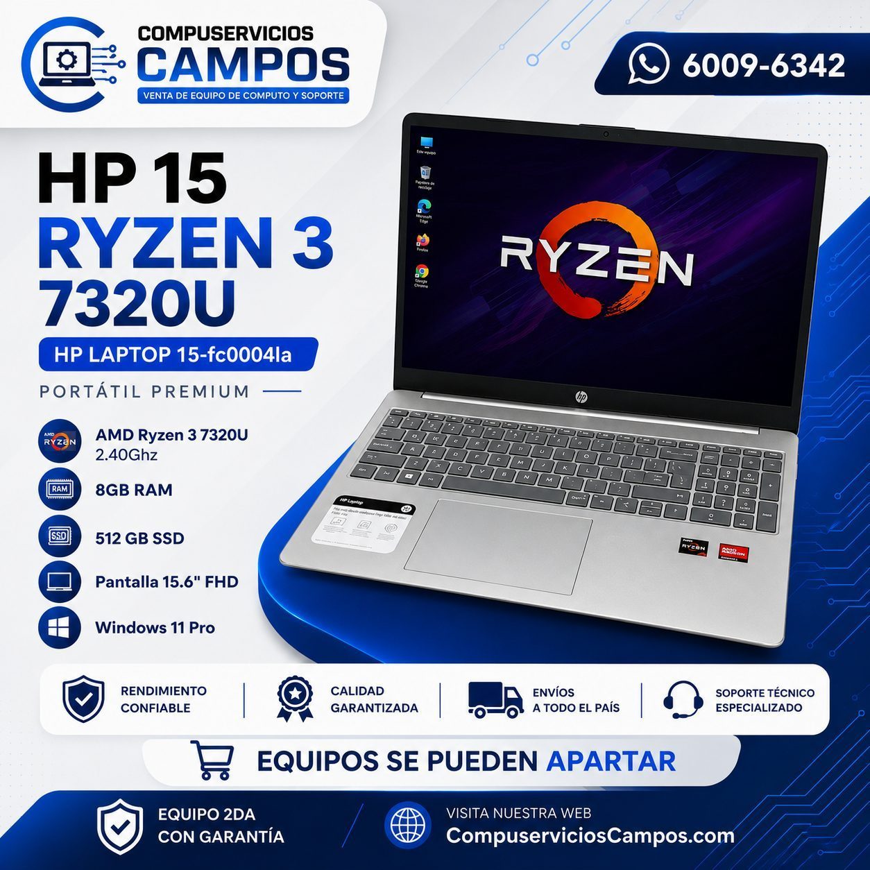 🔥 HP 15 Ryzen 3 7320U | 8GB DDR5 | SSD 512GB | Full HD | Lista para Usar 🔥